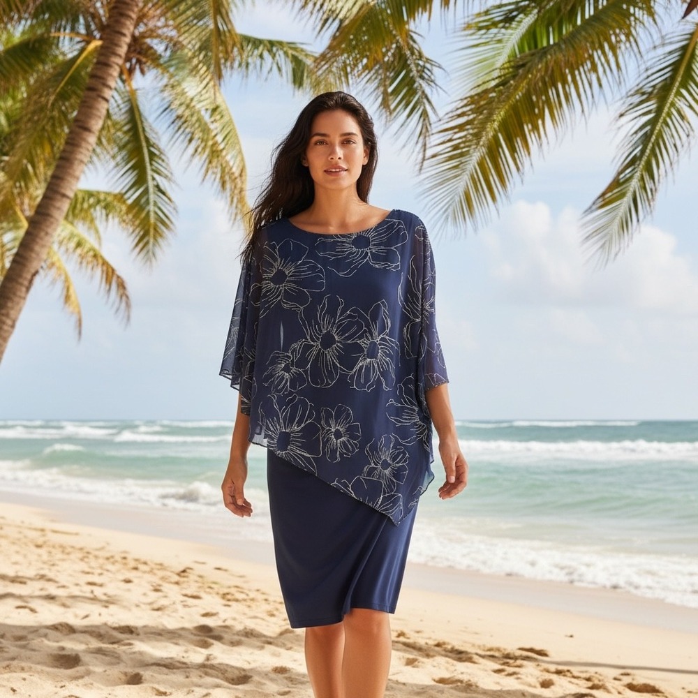 Ignite‎ Evenings Navy Blue Floral Overlay Sheath Dress Beaded Trim Size 16
